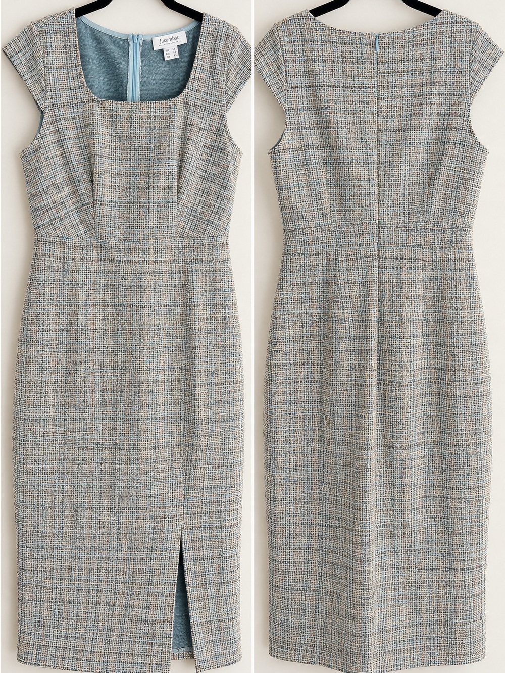 Jasambac Blue Gray Tweed Sheath Midi Dress Size 14
